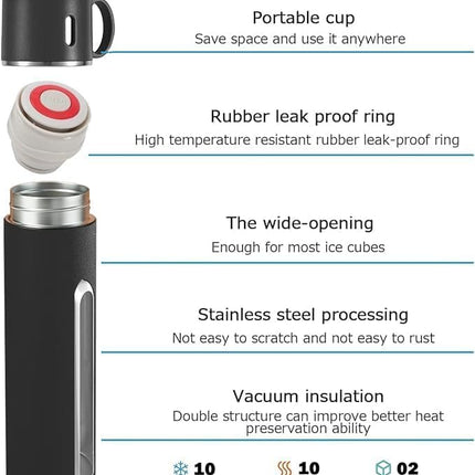 Stainless Steel Vacuum Flask Set with 3 Cups (500ml) Keeps Drinks Hot or Cold for Hours, Perfect for Travel