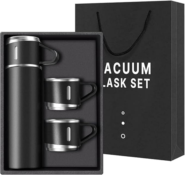 Stainless Steel Vacuum Flask Set with 3 Cups (500ml) Keeps Drinks Hot or Cold for Hours, Perfect for Travel