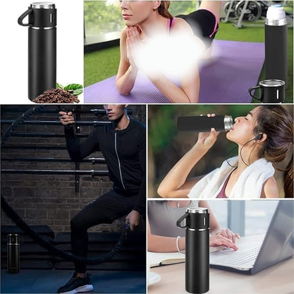 Stainless Steel Vacuum Flask Set with 3 Cups (500ml) Keeps Drinks Hot or Cold for Hours, Perfect for Travel